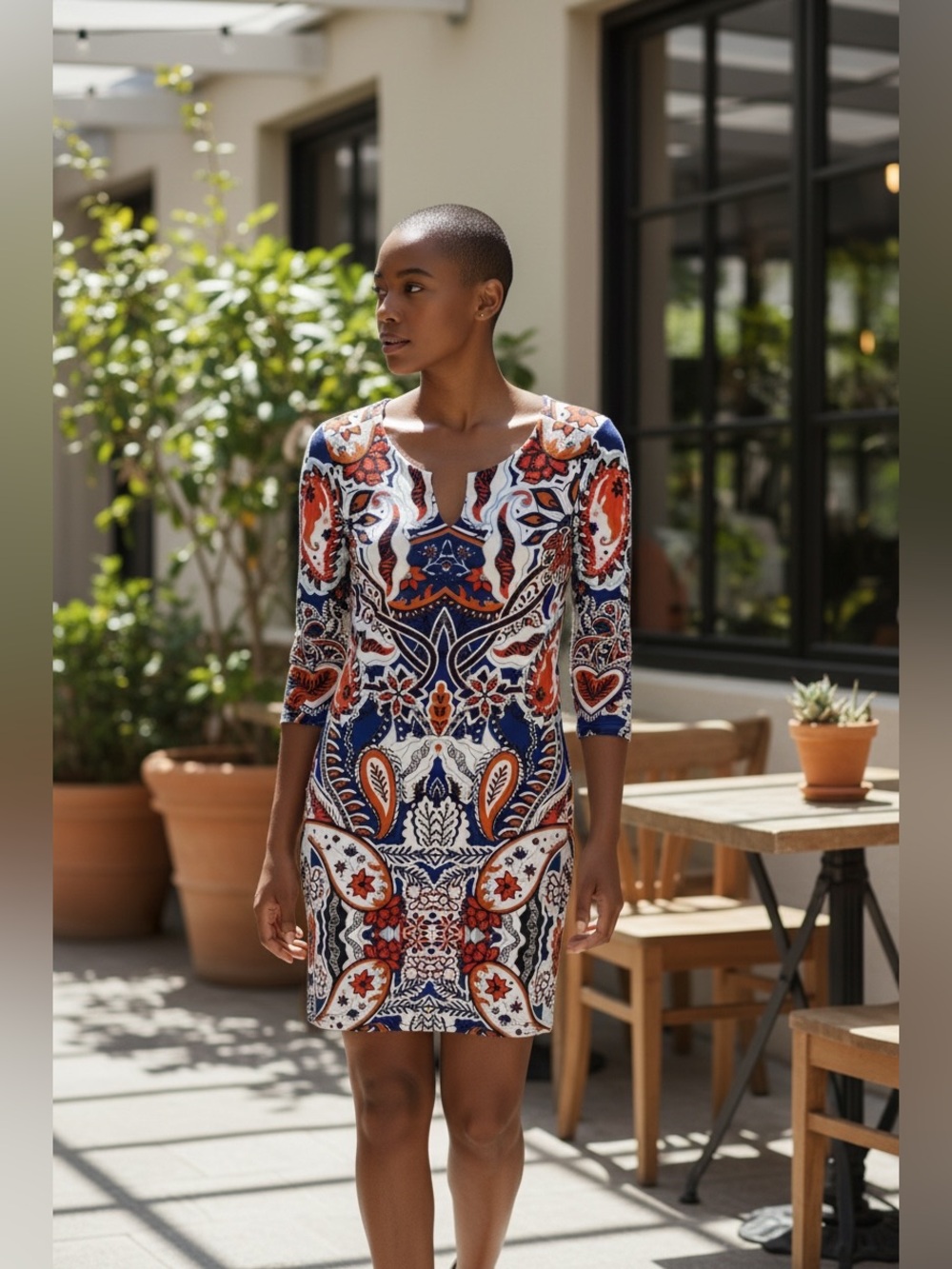 Haani Navy, Orange & White Printed Long Sleeve Shift Dress